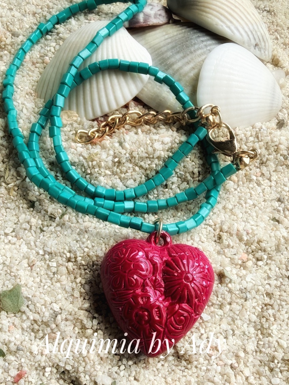Fall+ Turquoise cubes Necklace with Pink Floral Heart Pendant